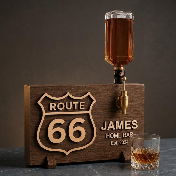 Personalized Route 66 Home Bar, Custom Whiskey Dispenser, Biker Gift for Him, Wooden Bar Decor, Garage Bar Gift