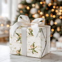 Watercolor Christmas Elves Gift Wrap, Dancing Elves Wrapping Paper, Festive Pine Tree Holiday Paper Roll, Adorable Elf Xmas Wrapping Paper