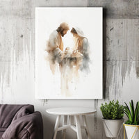 Holy Family Religious Wall Art, Watercolor Nativity Scene Canvas, Christian Christmas Home Decor Print, Jesus Manger Holiday Canvas Decor