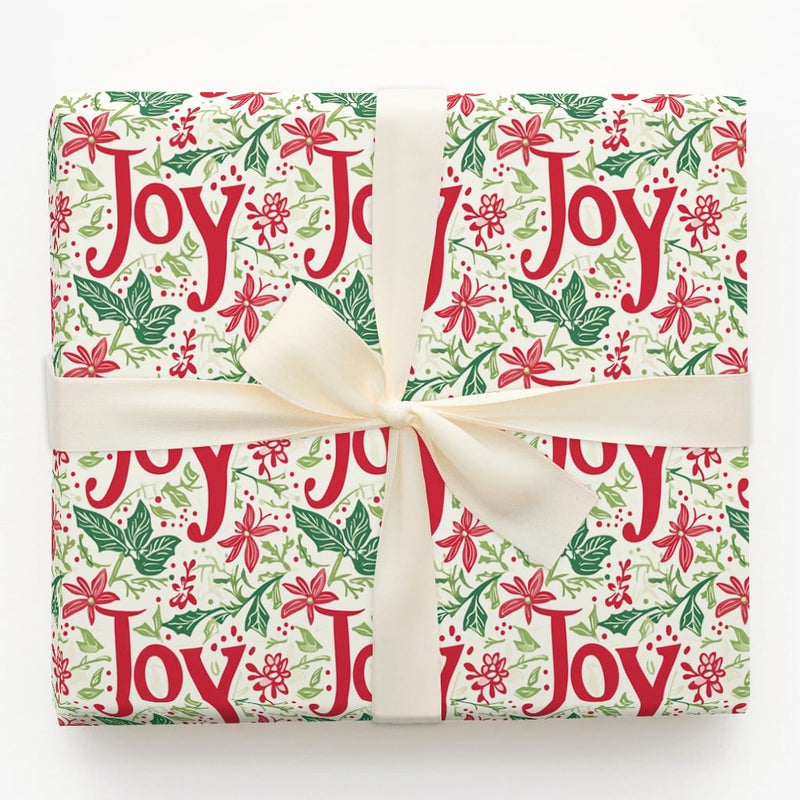 Floral Holiday Wrapping Paper, Joy Poinsettia Christmas Wrapping Paper, Botanical Xmas Gift Wrap Roll, Festive Present Wrapping Paper