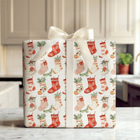 Watercolor Festive Holiday Gift Wrap, Christmas Stocking Wrapping Paper, Adorable Winter Xmas Wrapping Paper, Family Holiday Gift Wrapping Paper