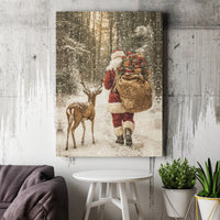 Snowy Forest Holiday Canvas Print, Santa Claus Reindeer Canvas Wall Art, Winter Christmas Canvas Decor, Festive Holiday Wall Art Present