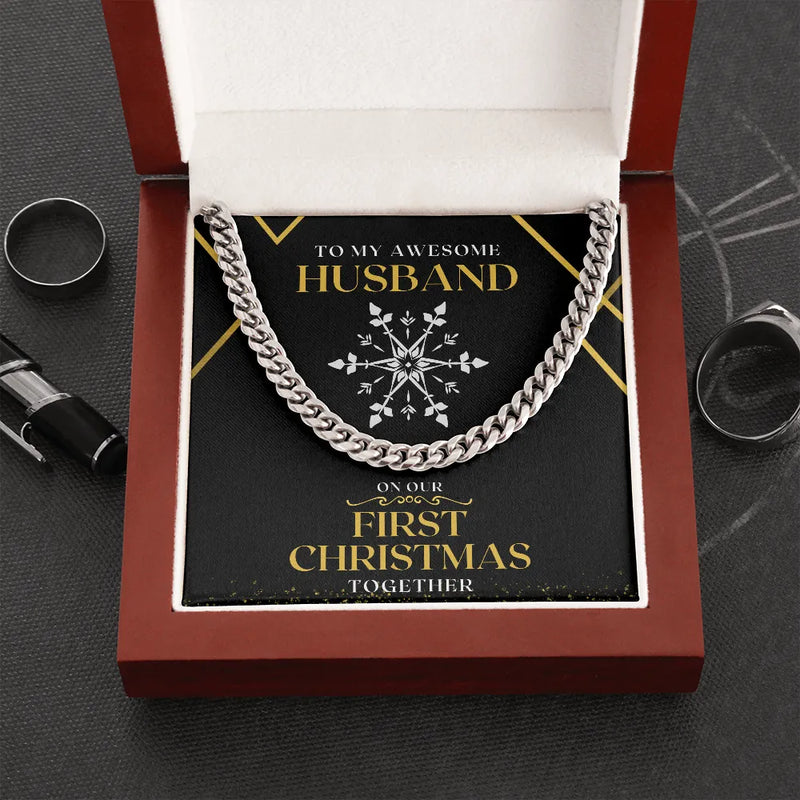 First Christmas Mens Necklace, Husband Cuban Link Chain Necklace, Polished Stainless Steel Chain, Holiday Jewelry Present for Husband