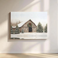 Snowy Landscape Canvas Print, Winter Barn Canvas Wall Art, Christmas Wreath Wall Decor, Rustic Holiday Farmhouse Canvas, Winter Art Present