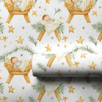Watercolor Manger Christmas Gift Wrap, Baby Jesus Nativity Wrapping Paper, Christian Holiday Present Wrap, Religious Xmas Wrapping Paper