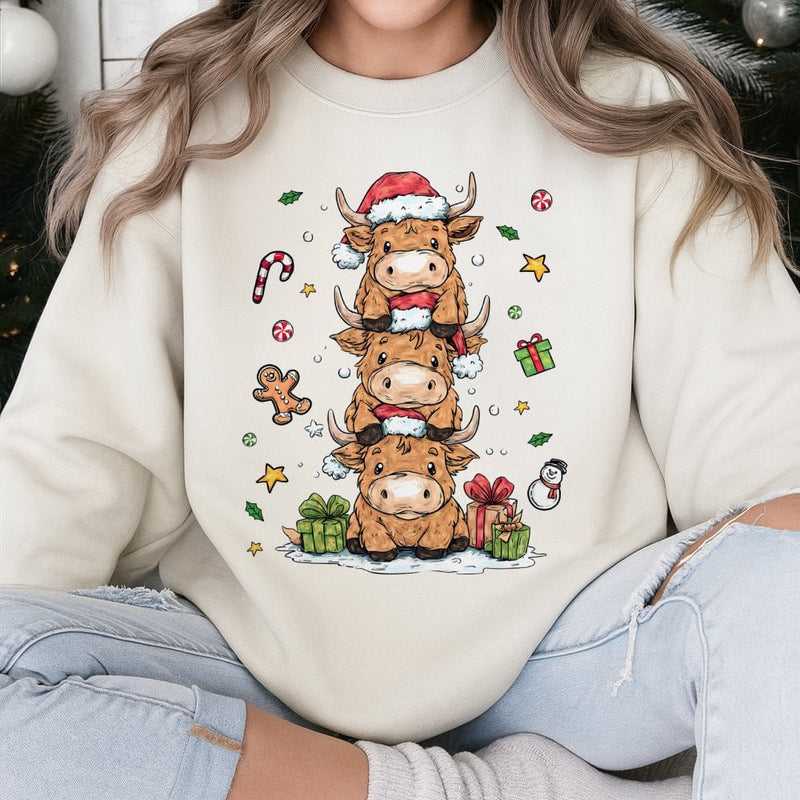 Adorable Stacked Cows Holiday Crewneck, Highland Cow Christmas Sweatshirt, Festive Farm Winter Pullover, Comfy Xmas Animal Sweater Present