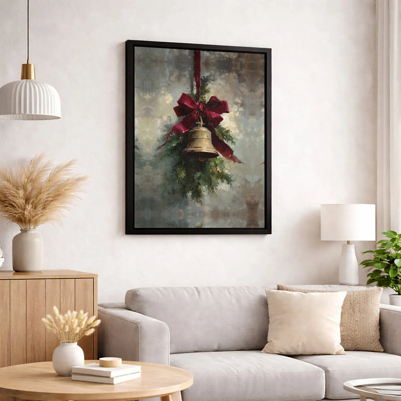 Vintage Holiday Oil Painting Print, Christmas Bell Canvas Wall Art, Rustic Festive Wall Decor, Instant Download Digital Christmas Art