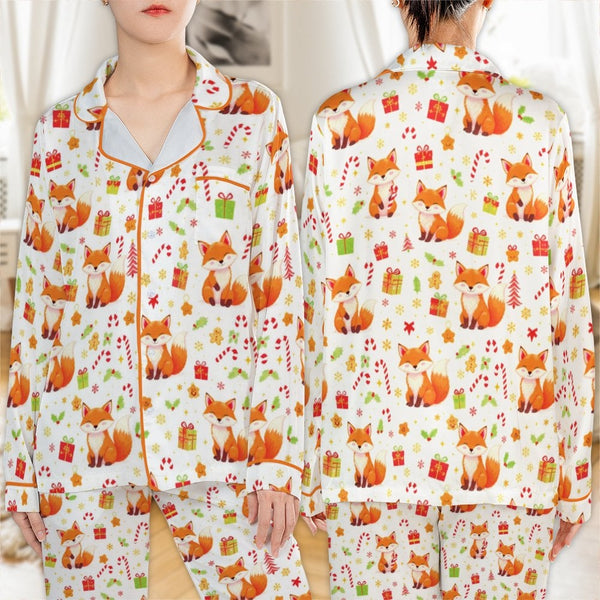 Holiday Animal Print Pajamas, Adorable Christmas Fox Satin Pajama Set, Festive Winter Loungewear Pajama Pants Set, Sleepwear 