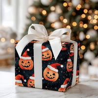 Halloween Christmas Gift Wrap, Jack-o'-Lantern Santa Hat Wrapping Paper, Spooky Holiday Wrapping Paper, Pumpkin Xmas Present Gift Wrap Roll
