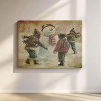 Children Snowball Fight Canvas Print, Vintage Winter Snowman Canvas Wall Art, Nostalgic Christmas Canvas Decor, Holiday Wall Art Present