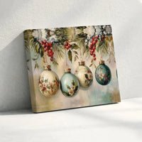 Holly Berry Baubles Wall Art, Victorian Christmas Ornaments Canvas, Vintage Holiday Ornament Print, Elegant Xmas Canvas Art