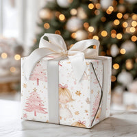 Whimsical Holiday Girl and Gold Stars Gift Wrap Paper, Pink Christmas Wrapping Paper, Adorable Pastel Xmas Present Wrapping Paper Roll