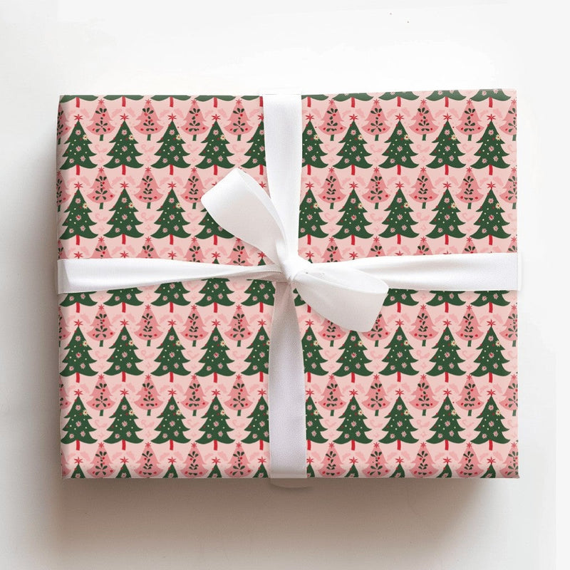 Modern Pastel Gift Wrap, Pink Christmas Tree Wrapping Paper, Green Tree Pattern Wrapping Paper, Adorable Xmas Gift Wrap, Holiday Wrapping Paper