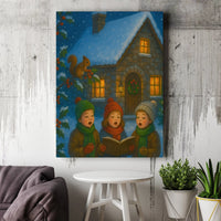 Snowy Stone Cottage Canvas Wall Art, Christmas Carolers Canvas, Vintage Holiday Caroling Kids Print, Storybook Winter Village Wall Decor