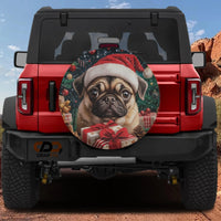 Christmas Dog Tire Cover, Pug in Santa Hat Spare Tire Cover, Holiday Puppy Wheel Protector for Jeep SUV Bronco, Dog Lover Auto Present
