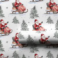 Watercolor Winter Sports Gift Wrap, Santa on Snowmobile Wrapping Paper, Red Vintage Santa Wrapping Paper, Christmas Present Paper