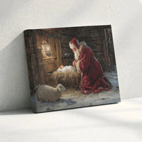 Religious Nativity Canvas Wall Art, Santa Kneeling at Manger Canvas Print, Christian Christmas Canvas, Holiday Nativity Scene Home Decor