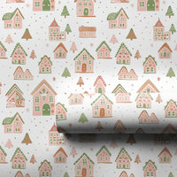 Whimsical Christmas Village Wrapping Paper, Pastel Gingerbread House Gift Wrap, Holiday Winter Present Paper, Xmas Gift Wrapping Paper Roll