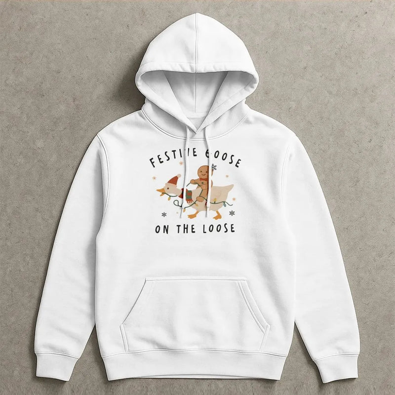 Humorous Christmas Goose Hooded Sweatshirt, Festive Goose on the Loose Hoodie, Retro Holiday Gingerbread Man Hoodie, Adorable Xmas Present for Her