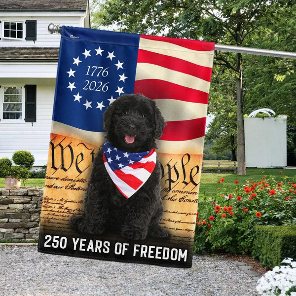Black Goldendoodle Garden Flag | 250 Years of Freedom Patriotic Design | Double-Sided Weather-Resistant Polyester | Dog Lover Gift