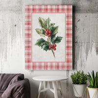 Botanical Red Plaid Watercolor Print, Christmas Holly Canvas Wall Art, Farmhouse Holiday Wall Decor, Digital Download Poster
