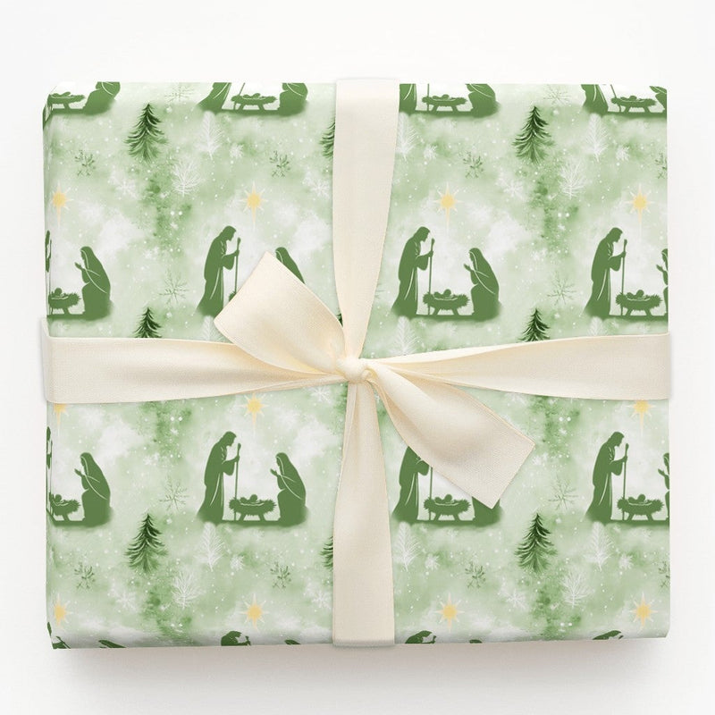 Green Christian Holiday Gift Wrap, Nativity Scene Christmas Wrapping Paper, Holy Family Manger Paper, Religious Gift Wrapping Paper Roll