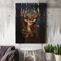 Christmas Holly Wreath Wall Art, Majestic Deer Canvas Print, Winter Deer Canvas Wall Decor, Holiday Season Deer Art Present