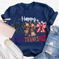 Halloween Thanksgiving Christmas Shirt, Happy Hallothanksmas Bow T-Shirt, Humorous Fall Holiday Mashup Graphic Tee, Autumn Coquette Top