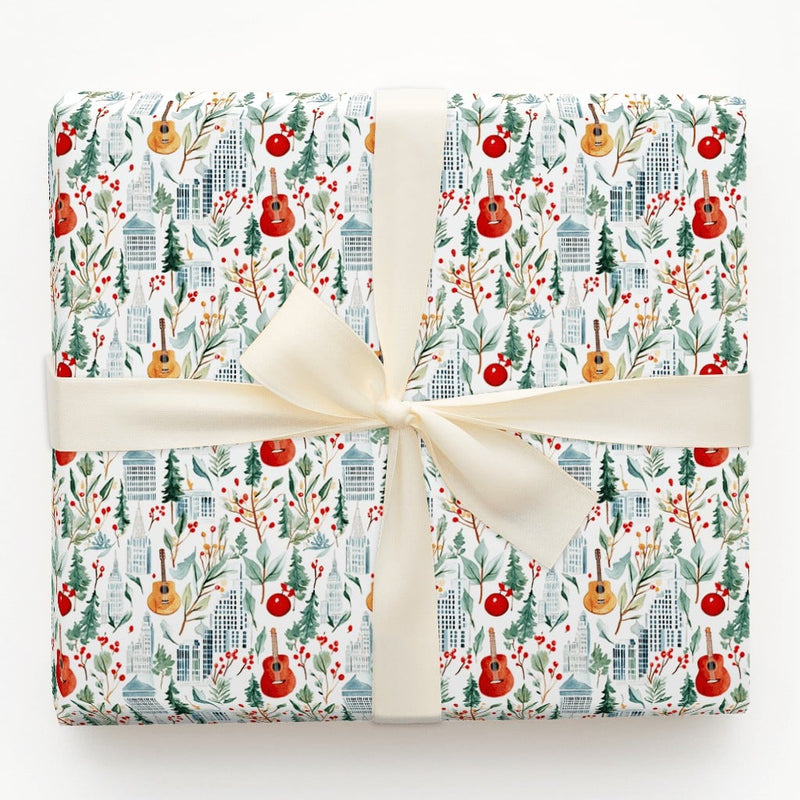 Urban Music Lover Gift Wrap, Cityscape Guitar Christmas Wrapping Paper, Musical Holiday Wrapping Paper, Festive Skyline Present Wrap