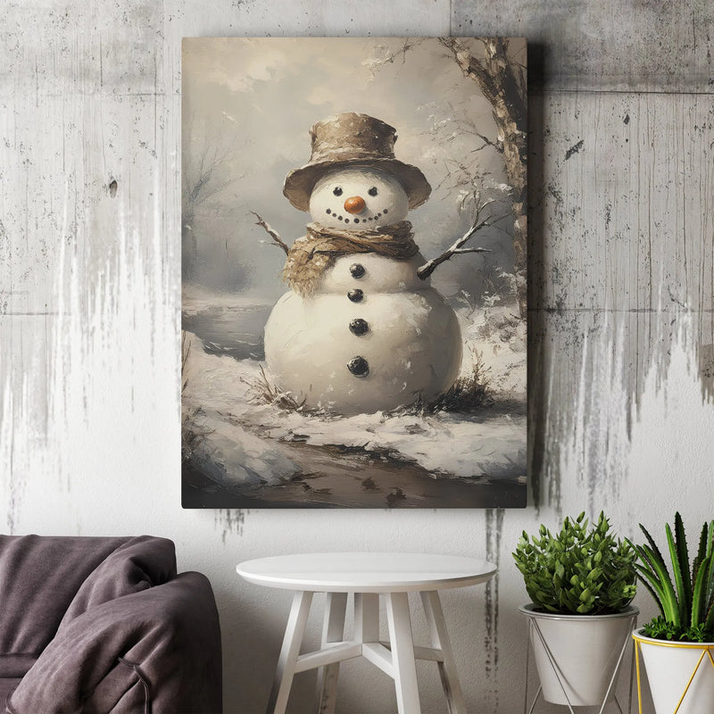 Rustic Winter Forest Painting, Vintage Snowman Wall Art Canvas, Christmas Wall Decor, Holiday Season Canvas Print, Seasonal Home Present