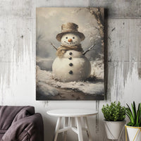 Rustic Winter Forest Holiday Print, Vintage Snowman Canvas Art, Farmhouse Christmas Snowman Wall Decor, Digital Download Holiday Art