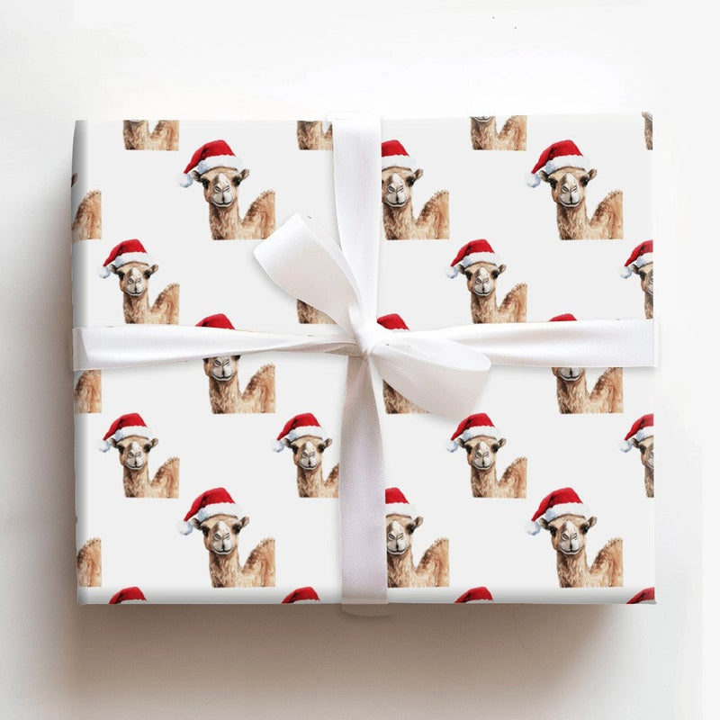 Watercolor Santa Hat Animal Gift Wrap, Christmas Camel Wrapping Paper, Whimsical Holiday Present Wrapping Paper, Winter Gift Wrap Roll