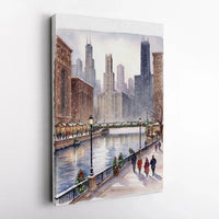 Winter Snow Landscape Canvas Print, Chicago Riverwalk Canvas Art, Christmas Cityscape Canvas Wall Decor, Chicago Skyline Holiday Canvas Present