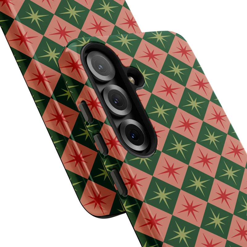 Mid-Century Star Pattern Phone Cover, Retro Starburst Checkered Phone Case for Samsung Galaxy, Vintage Christmas Geometric Protective Case