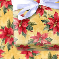Vintage Christmas Floral Gift Wrap, Red Poinsettia Wrapping Paper, Botanical Holly Berry Present Wrap, Holiday Winter Gift Wrapping Paper