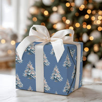 Dusty Blue Winter Gift Wrap, Snowy Christmas Tree Wrapping Paper, Realistic Pine Tree Wrapping Paper, Forest Holiday Gift Wrap Roll
