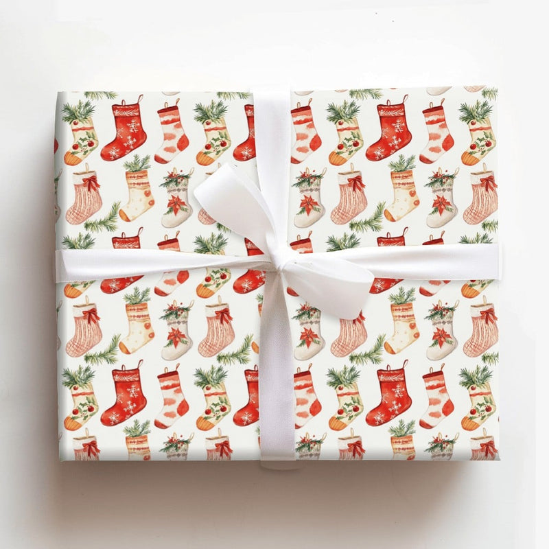 Watercolor Festive Holiday Gift Wrap, Christmas Stocking Wrapping Paper, Adorable Winter Xmas Wrapping Paper, Family Holiday Gift Wrapping Paper