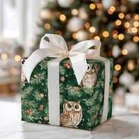 Woodland Bird Gift Wrap, Winter Owl Christmas Wrapping Paper, Rustic Pine and Berry Holiday Paper, Forest Animal Present Wrapping Paper