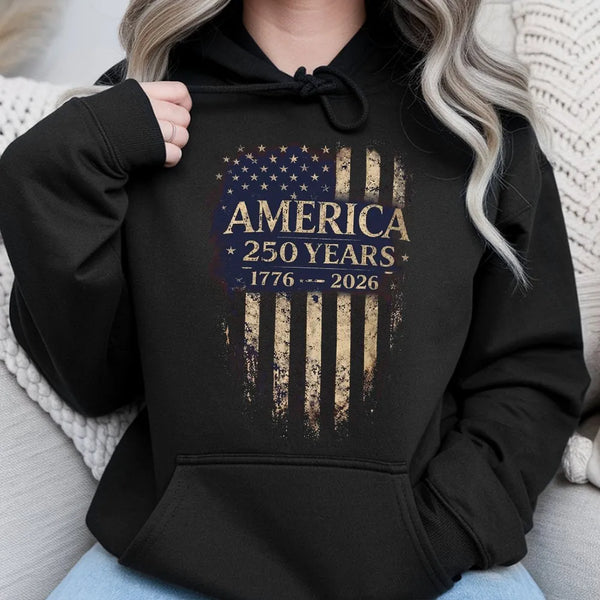 America 250 Years Hoodie | Vintage 1776-2026 Flag Design | Premium Cotton-Polyester Blend | Patriotic Gift for History Lovers