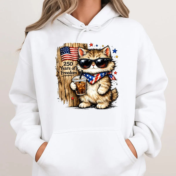 Patriotic Cat Hoodie | 250 Years Freedom Cartoon Cat in Sunglasses Art | Soft Cotton-Polyester Blend | Gift for Cat Lover