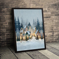 Snowy Winter Wonderland Canvas Print, Christmas Village Canvas Wall Art, Watercolor Holiday Village Canvas, Xmas Town Living Room Decor