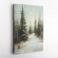 Snowy Pine Tree Path Painting Print, Winter Forest Canvas Wall Art, Serene Christmas Landscape Poster, Digital Download Decor