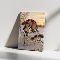 Dog in Poinsettia Garland Carriage Poster, Corgi Christmas Canvas Wall Art, Adorable Winter Puppy Holiday Digital Download, Pet Lover Present