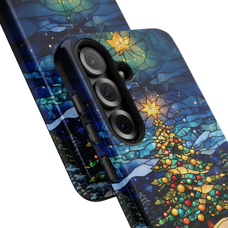 Holiday Winter Phone Cover, Stained Glass Christmas Tree Phone Case, Festive Xmas Phone Case, Dual Layer Polycarbonate Samsung Phone Case