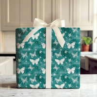 Teal Snowflake Gift Wrap, Winter Butterfly Wrapping Paper, Elegant Nature Holiday Wrapping Paper, Christmas and Birthday Present Wrap