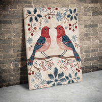 Winter Birds Wall Art, Winter Birds Folk Art Canvas Print, Winter Birds Holiday Poster, Christmas Canvas Print, Digital Download Wall Art