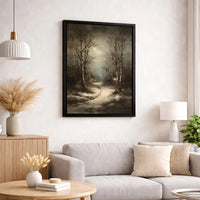Snowy Cabin Night Landscape Print, Winter Forest Canvas Wall Art, Moody Rustic Path Poster, Christmas Home Decor Digital Download