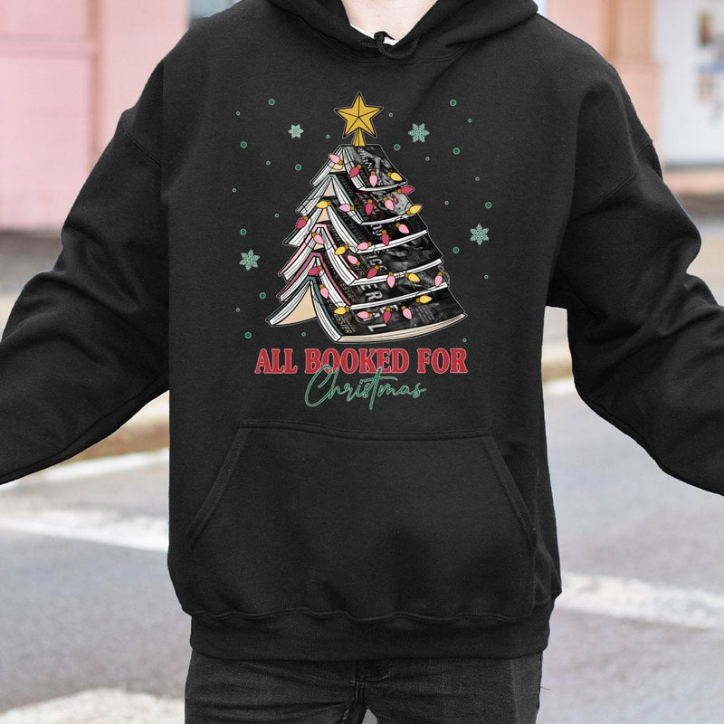 Adorable Book Lover Xmas Tree Hooded Sweatshirt, All Booked for Christmas Hoodie, Comfy Reader Holiday Pullover, Bookish Xmas Present