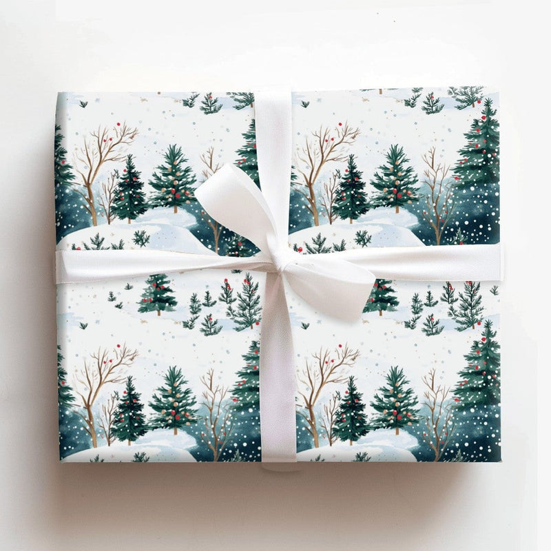 Snowy Forest Holiday Gift Wrap, Watercolor Christmas Wrapping Paper, Winter Landscape Wrapping Paper, Pine Tree Festive Gift Wrapping Paper