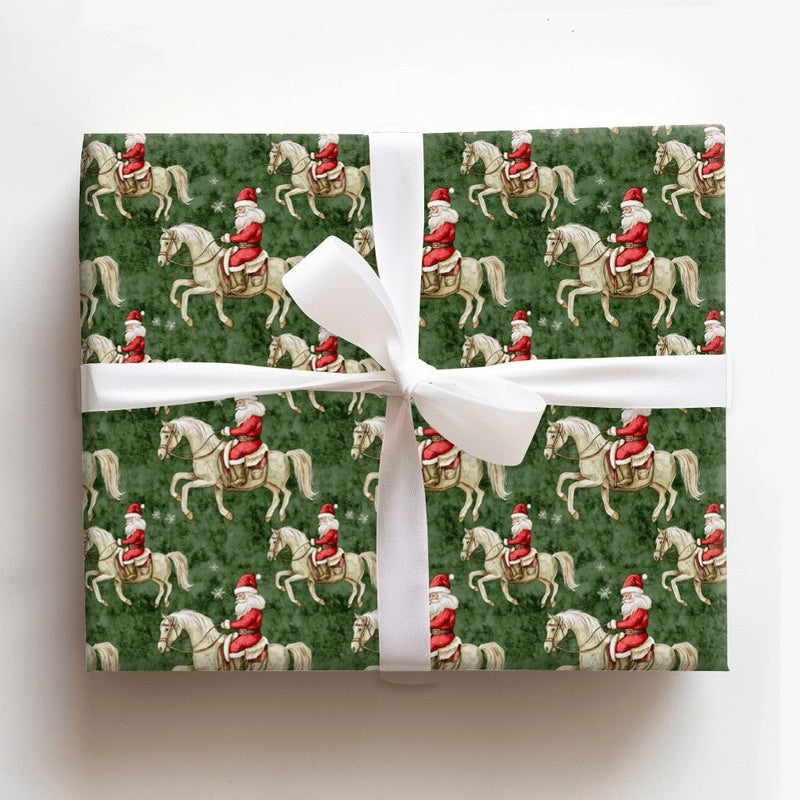Equestrian Christmas Gift Wrap, Santa Riding White Horse Wrapping Paper, Green Holiday Wrapping Paper, Horse Lover Present Paper